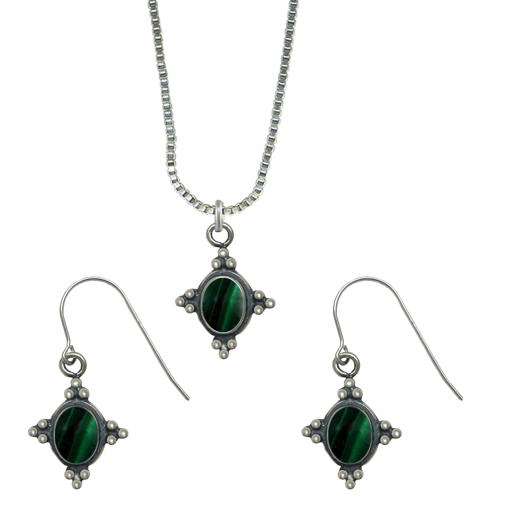 Sterling Silver Petite Necklace Earrings Set Malachite